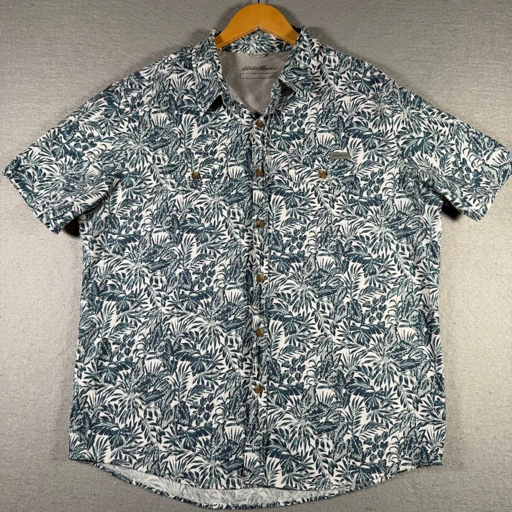 Eddie Bauer Mens Large Blue Tropical Palm Leaf Short Sleeve Outdoor Shirt EM135W